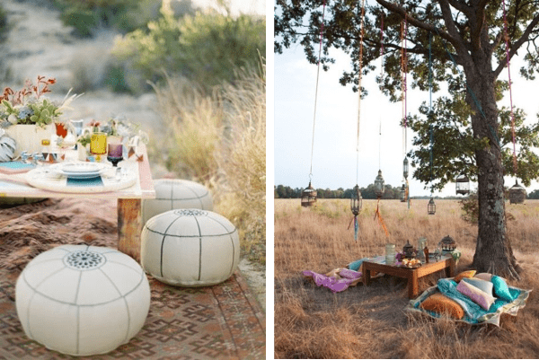 picnics en el campo con mesitas, alfombra y pufs